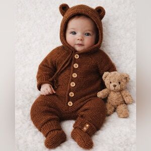 Handmade Knitting Baby Romper with Hood 3-6 months  🧶Teddy Bear